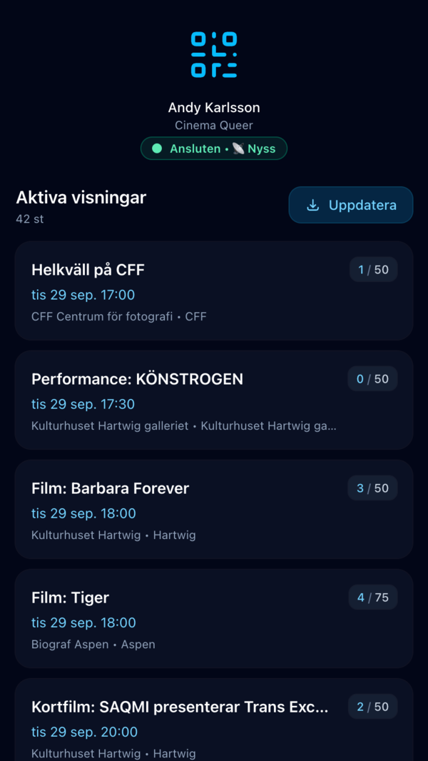 Listan över aktiva visningar i scanner-appen
